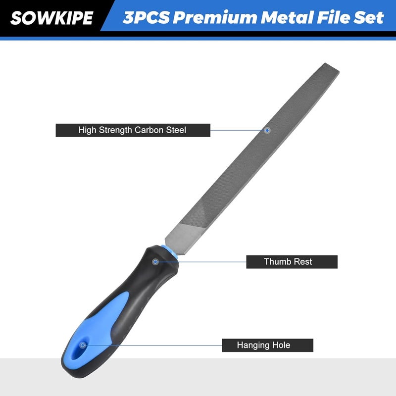 SOWKIPE 3-Piece Metal File Set, Premium High-Carbon Steel Files, 8 Inches, Includes Flat, Round, and Half-Round, Perfect for Metal, Wood, and More - Image 4